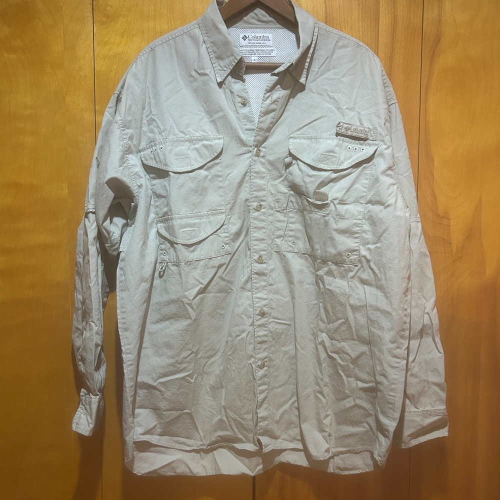 Columbia Shirt Performance Fishing Gear Size L Beige Multi Pockets Outdoors‎